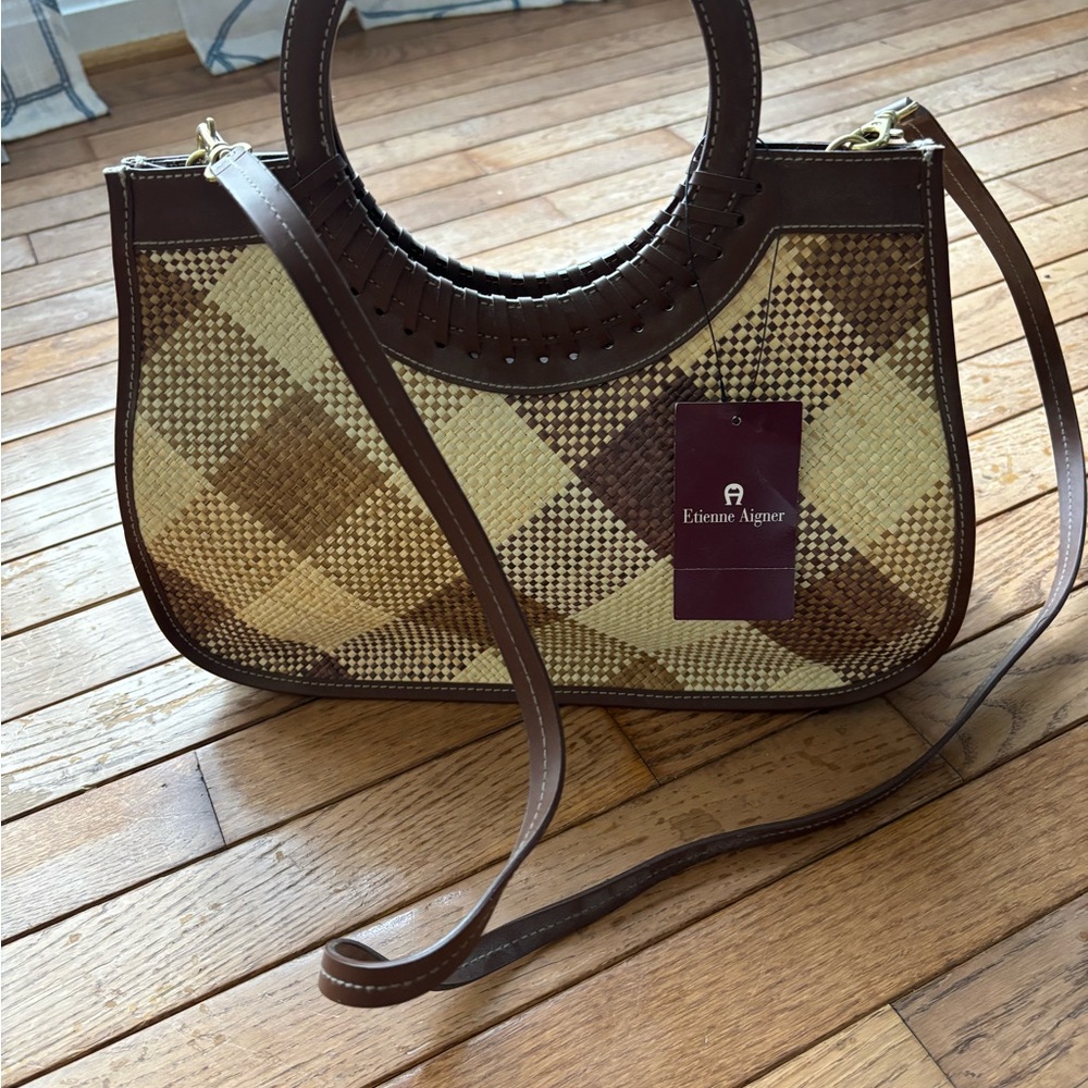 Etienne Aigner Brown and Cream Woven Shoulder Bag